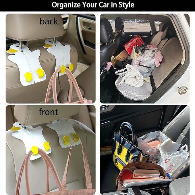 Car Seat Back Hooks - Double Hook Headrest Hanger for Purse, Bags, Groceries & Phone Holder - Universal Fit for Car, SUV, Truck - Heavy Duty Metal & Premium Leather Organizer