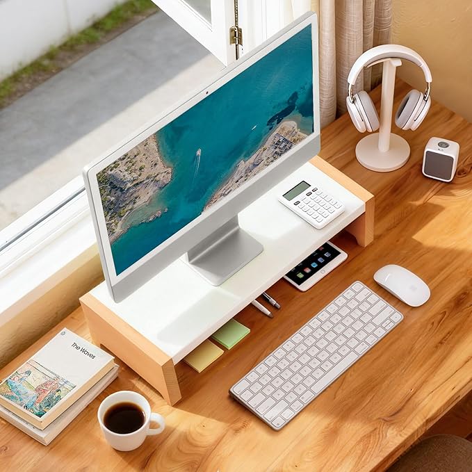 ARCOBIS Monitor Stand Riser, White Metal & Wood Computer Monitor Stand Riser for Desk, Max Load Capacity 40LB