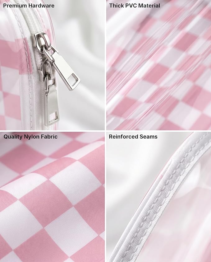 Pink Checkered Diaper Bag Organizer Pouch Set,TSA Approved Toiletry Bag,Clear Waterproof TPU Car Makeup Bag Set Travel Organizer Bags for Women and Kids Toiletry Bag Set for Baby and Mom Essentials