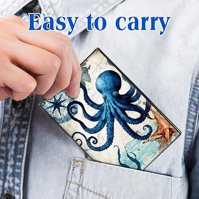 RFID Blocking Credit Card Holder - Slim Metal Wallet for Women & Men,Octopus Design Stainless Steel Business Card Case,Compact Pocket Organizer for Travel & Daily Use