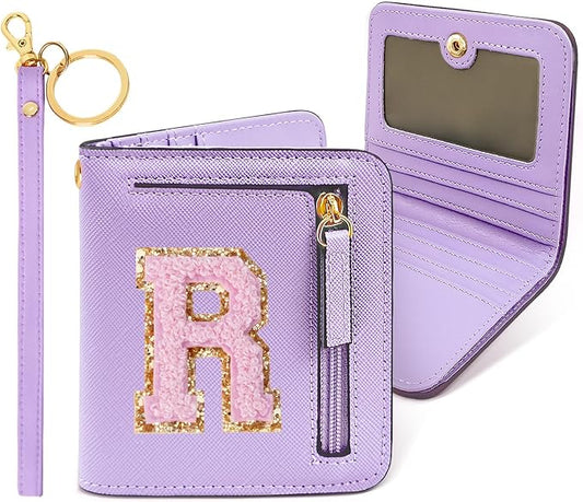 COSHAYSOO Preppy Wallet Gifts for Teen Girls Women Small Wallet RFID Bifold PU Leather Christmas Valentines Easter Mothers Fathers Day Nurse Appreciation Graduation Gifts Chenille Letter R Purple