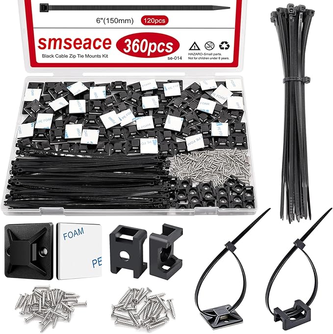 smseace 360Pcs Strong Back-Glue Self Adhesive Black Cable Zip Tie Mounts Kit with 6inch Zip Ties and Screws, UV Protection Outdoor Sticky Wire Fasteners Cable Clips Management