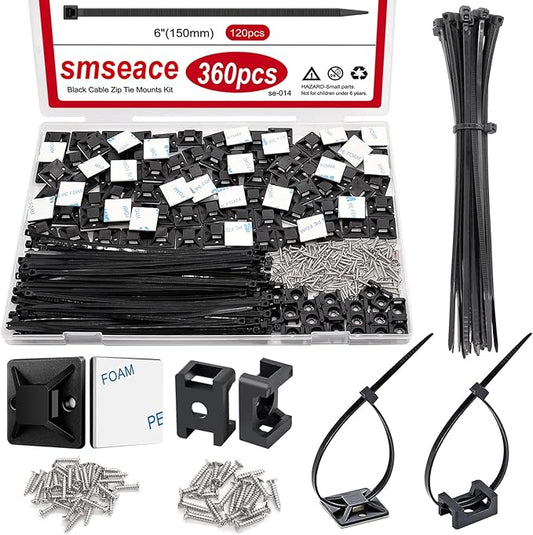 smseace 360Pcs Strong Back-Glue Self Adhesive Black Cable Zip Tie Mounts Kit with 6inch Zip Ties and Screws, UV Protection Outdoor Sticky Wire Fasteners Cable Clips Management