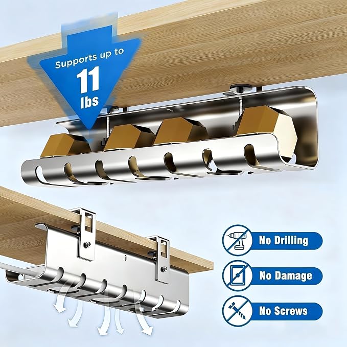 2 Pack No-Drill Under Desk Cable Management Tray 33.8 inch Large Wire Cord Organizers, Cable Management Under Desk for Home and Office No Damage Silver