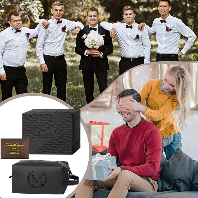 Personalized Gifts Travel Toiletry Bag for Men Engraved Initial PU Leather Waterproof Shaving Bag for Toiletries Accessories Fathers Day Birthday Gift for Men Dad Husband Son, Black N