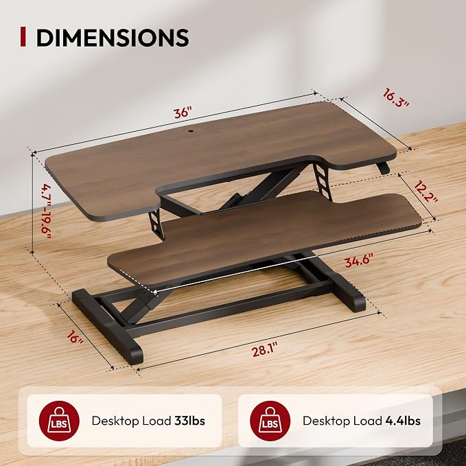 SANODESK 36" Standing Desk Converter, Smooth Mechanical Spring Effortless Lift Sit-Stand Riser for Dual Monitors, Heavy Duty Workstation with Keyboard Tray, Walnut