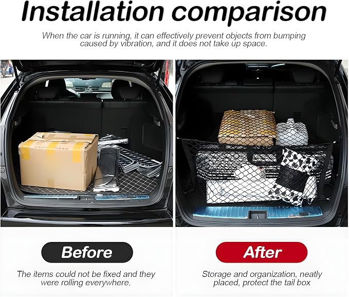 Osilly Car Rear Cargo Net, Double-Layer Adjustable Stretchable Elastic Storage Organizer Net, Trunk Cargo Storage Mesh Net with Hooks, Car Interior Accessories (51.2"x17.7")