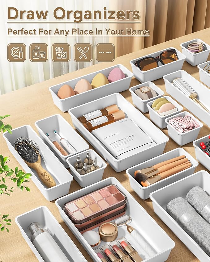 KEMETHY 25 PCS Plastic Drawer Organizers Set, 4 Sizes Vanity Organizer, Makeup and Desk Drawer Organizer Trays, Organization and Storage for Makeup, Bathroom, Kitchen Utensils and Office (White)