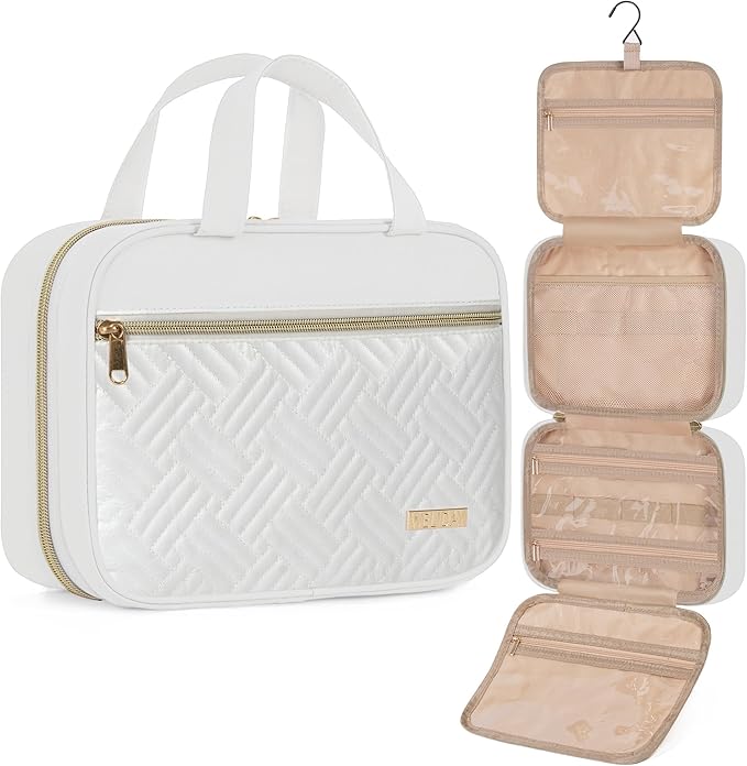 Travel Toiletry Bag for Women & Men Water Resistant Makeup Bag with Hanging Hook Portable Travel Organizer for Travel Accessories, Travel-Sized Shampoo, Toiletries (Large-White)