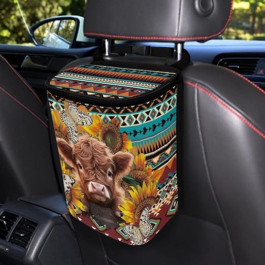 Biyejit Aztec Tribal Cow Leak-Proof Travel Car Trash Bag, Large Capacity Hanging Car Trash Can with Velcro Lid, Multipurpose Trash Bin with Storage Pockets for SUV Truck RV Camping