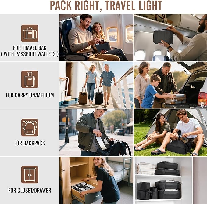 Veken 10 Set/8 Set Packing Cubes for Travel Essentials, Suitcase Organizer Bags in 4 Sizes, Carry-On Luggage Accessories with Laundry Bag & Passport Holder, Airplane Must Have, Camp Gifts for Men