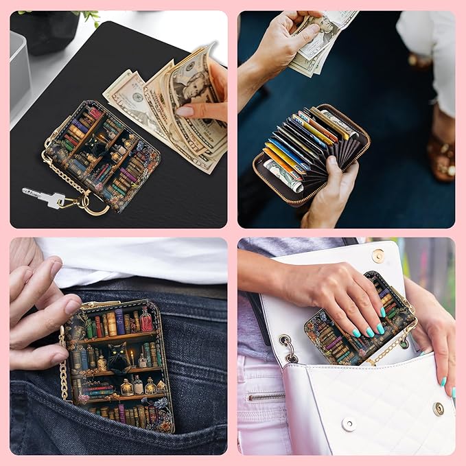 Blusabaca Bookshelf and Cat Credit Card Holder for Women, Small RFID Wallet with Zipper, Card Keychain Wallet, Leather Wallet Card Case, Business Blocking Accordion Wallet Gift