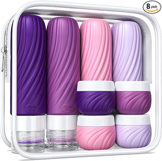 8 Pack Travel Bottles for Toiletries, TSA Approved Silicone Travel Size Containers, Refillable Liquid Leak Proof Shampoo and Conditioner Bottles & Cream Jars, Airplane Carry On Essentials
