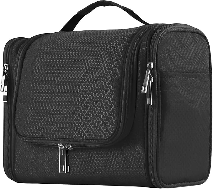 Buruis Hanging Toiletry Bag for Women and Men, Large Water-Resistant Makeup Organizer with Sturdy Hook, Lightweight Nylon Dopp Kit for Full-Sized Toiletries & Cosmetics, Black
