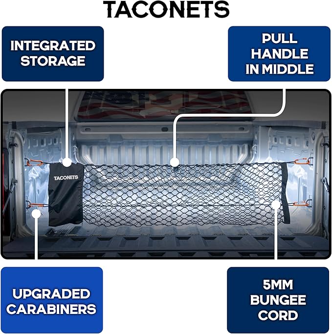 TacoNets Envelope Cargo Net for Colorado/Canyon - Fits 2023-Current - Upgraded 5mm Bungee - Integrated Storage Bag - Heavy Duty Carabiners - Designed in USA
