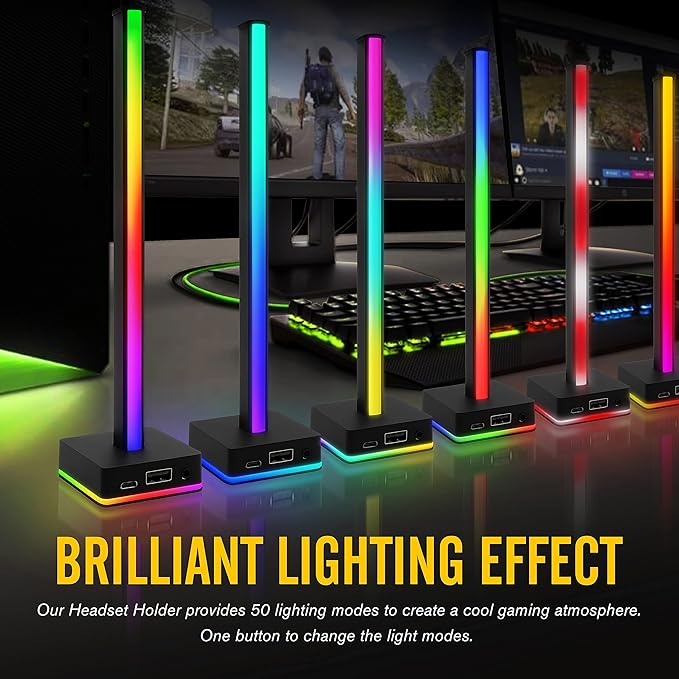 EZDIY-FAB USB LED Light Bar Headphones Stand, Desktop Atmosphere RGB Backlight,50 Built-in Color modes, Headphone Holder for Gamers Gaming PC Accessories Desk- Black- 1 Pack