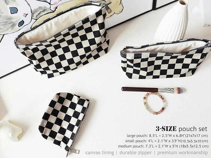 HAPPYHEIDI Checkered Corduroy Makeup Bag Set 3 Women Cosmetic Toiletry Travel Pouch Purse Accessory Organizer, 3-Size, Vintage Black White