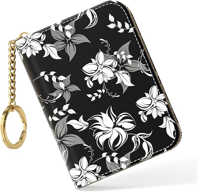 Nipichsha Women's Slim Leather RFID Wallet, Black Flower, Compact Size, 12-Slot with Zipper and Keychain