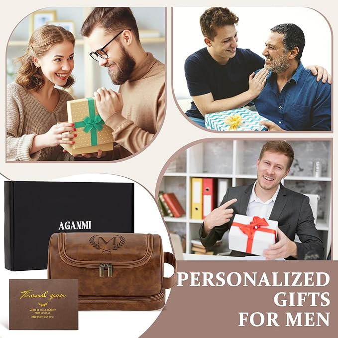 Personalized Mens Toiletry Travel Bag Groomsmen Gifts Best Man Proposal Gifts Bachelor Party Favor, Waterproof PU Leather Shaving Bag for Toiletries Accessories Travel Essential, Light Brown B
