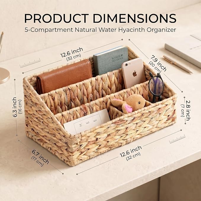 Desk Organizer – Countertop Mail Organizer, Magazine Holder, Boho Decor Water Hyacinth Desk Mail Holder for Home Office, Farmhouse, 12.6" L x 6.7" W x 6.3" H