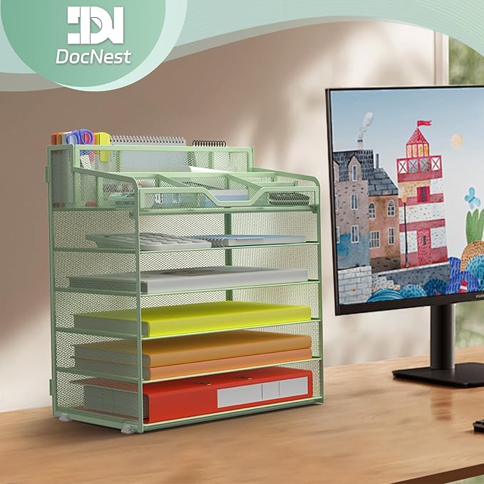 Docnest 6 Tier Mesh Desk Organizer for Paper Office Supplies – Multi-Functional Letter Tray with 5 Adjustable Compartments, 6 Pen Holders, Desktop Storage for Files, Mail, Stationery – Green