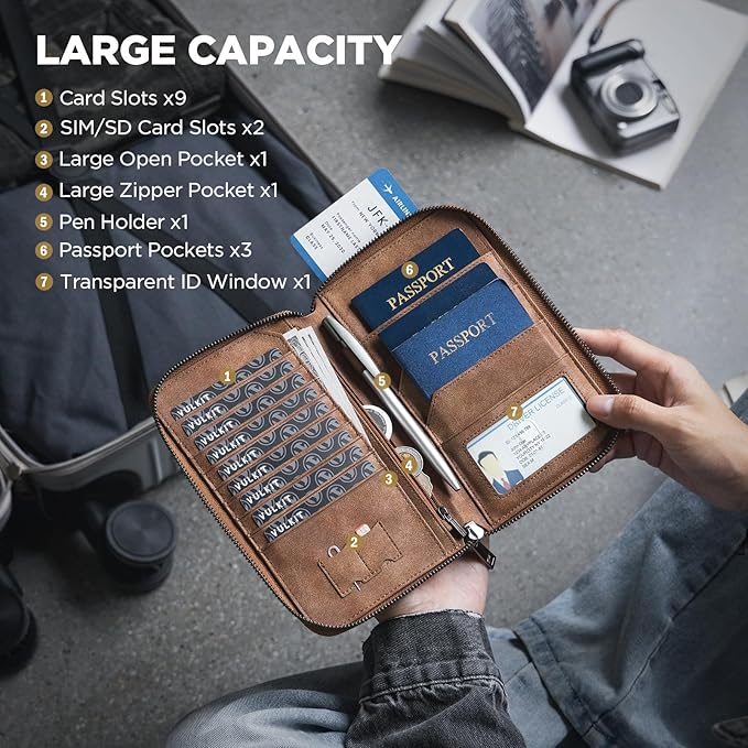 VULKIT Passport Holder for Travel Family, Multiple Travel Document Holder Wallet for a Family of 3-4, RFID Blocking Passport Bag, Document Organizer Pouch for Credit Cards, ID, Sim Card, Cash, Coins