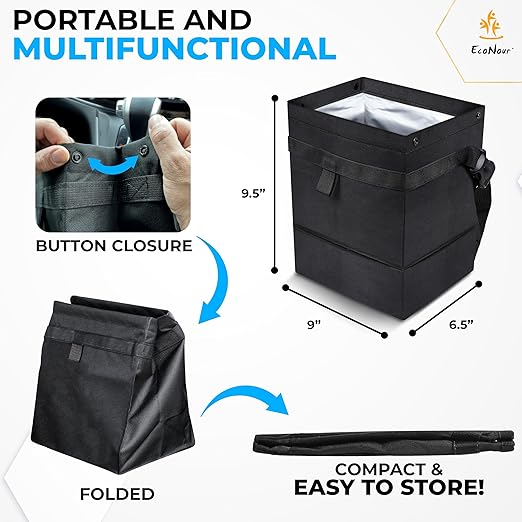 EcoNour Foldable Car Trash Bag Hanging, Garbage Bag and Waterproof Trash Can for Car, Leakproof Trash Can, SUV and Truck Seat Backs, Home, Office - Holds 2.5 Gallons (Black)