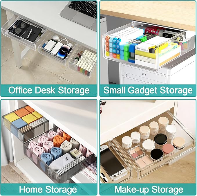 SVNNELP Under Desk Table Drawer Storage Organizer,3 Pack Small & Medium & Large Slide Out Desk Drawers - Hidden Desktop Organizer,Adhesive Storage Pencil Tray Under Table(Clear/LMS)