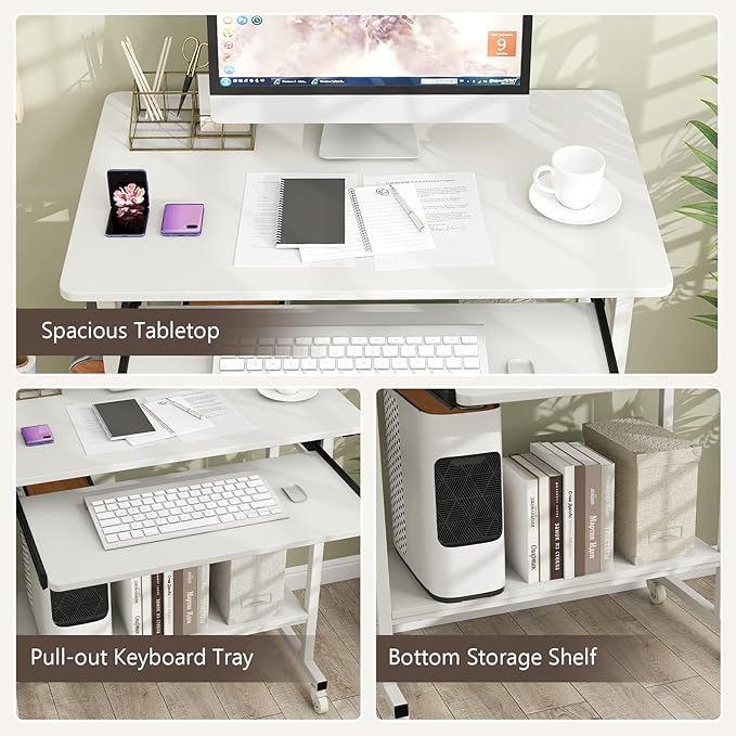 Tangkula Rolling Computer Desk Cart with Keyboard Tray, Mobile Portable Laptop PC Desk with CPU Stand & 3 Hooks for Sofa & Bed, Compact Small Desk on Wheels for Small Spaces (White)