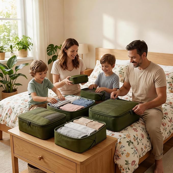 4 Piece Compression Packing Cubes for 3–7 Day Travel, Space Saving Travel Organizers with Breathable Mesh, Double-Zipper Packing Cubes for Carry-On & Suitcases (Green)