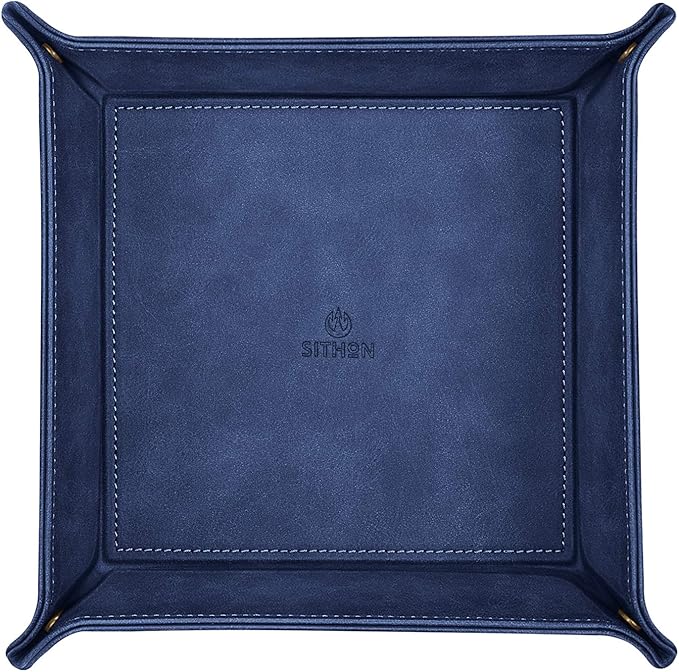 SITHON Valet Tray Desktop Storage Organizer – Premium PU Leather Catchall Bedside Vanity Tray Nightstand Caddy Holder for Keys, Phone, Wallet, Valentine's Day Gift, Dark Blue