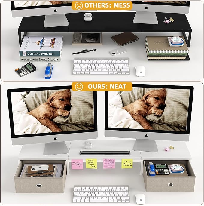 39 Inch Dual Monitor Stand Riser with 2 Drawers - Large White Wooden Computer Stand for 2 Monitors, Ergonomic Desk Organizer with Phone Holder, Desktop Storage for Laptop, Office Supplies, Home Office