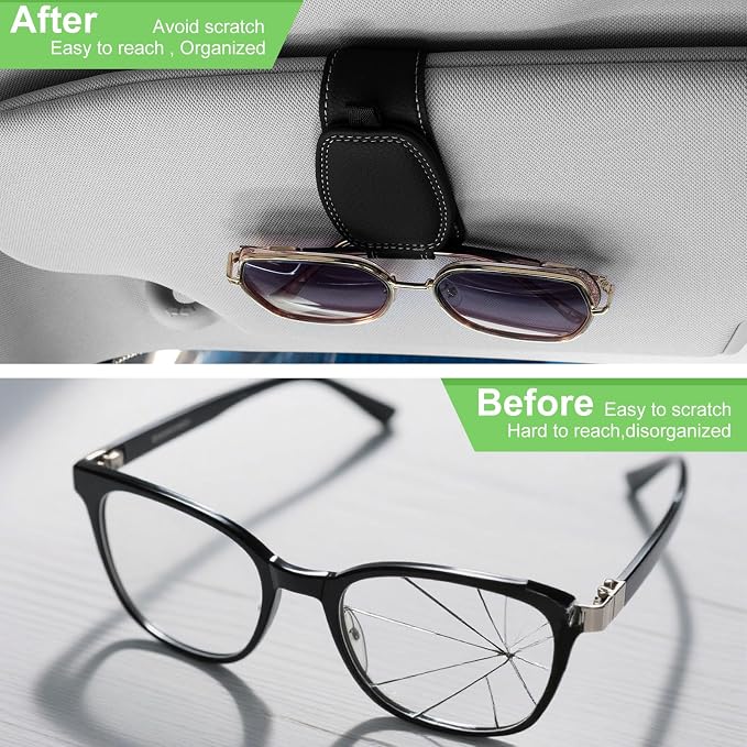 2 Pack Magnetic Leather Sunglasses Holder for Car，Car Visor Accessories and Ticket Card Clip，Fit Different Size Eyeglasses (Black)