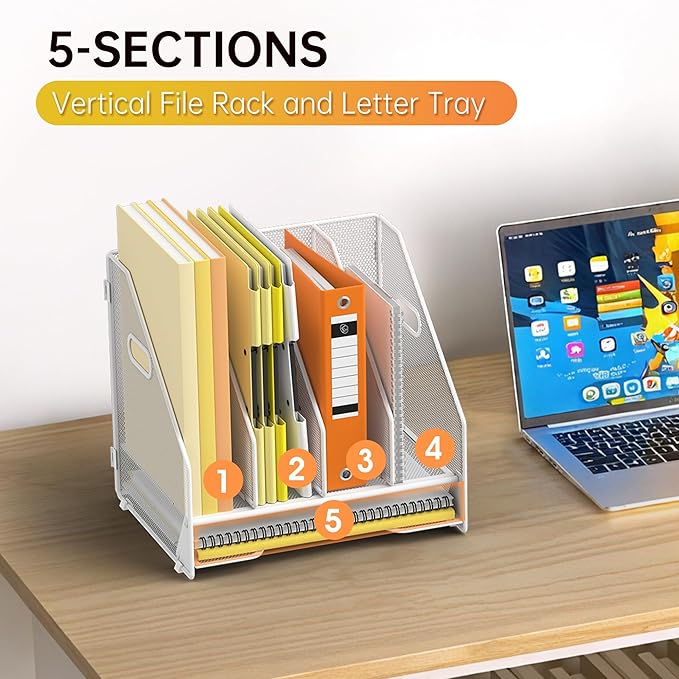 Docnest Desk File Holder Sorter, 4 Vertical Compartments Rack with Letter Tray, Mesh Magazine File Holder with Handle,Workspace Organizers,Desk Organizers for Paper, Mail, Documents-White