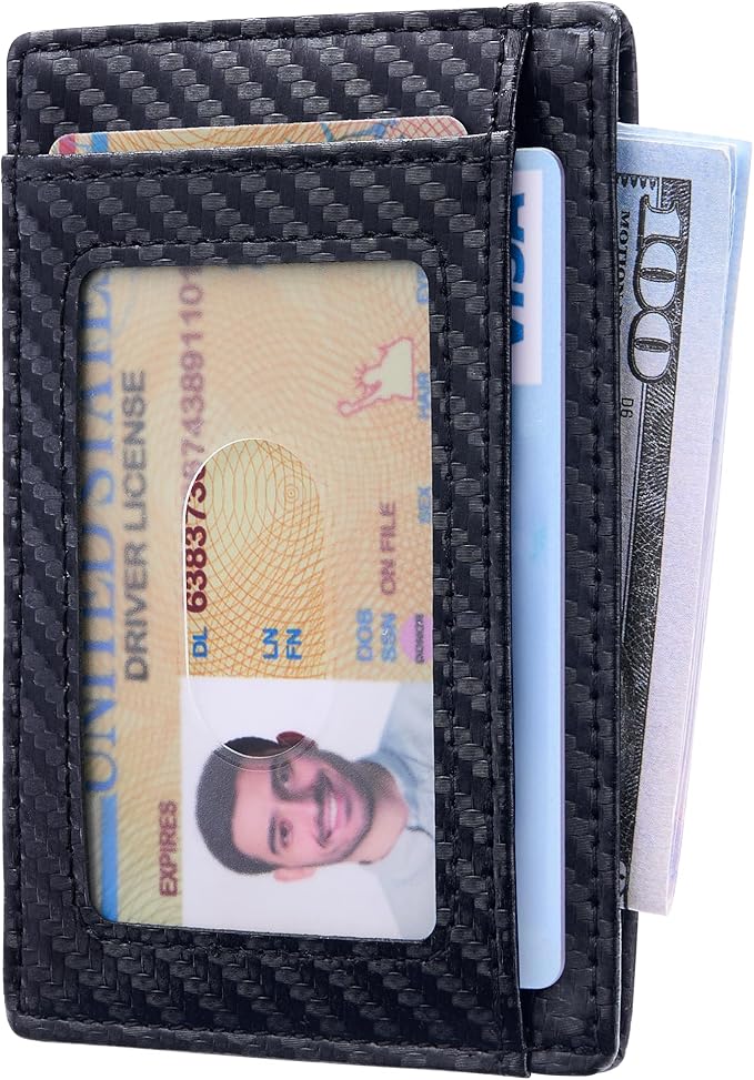 Travelambo Slim Wallet Front Pocket Minimalist Leather RFID Blocking Medium Size (Carbon Fiber Black)