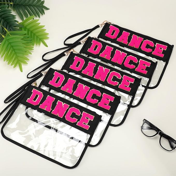 Abbylike 12 Pcs Snack Bags Chenille Letter Dance Zipper Pouch Waterproof PVC Large Travel Makeup Cosmetic Storage Organizer for Mom Team Cheerleaders Teacher (Black)