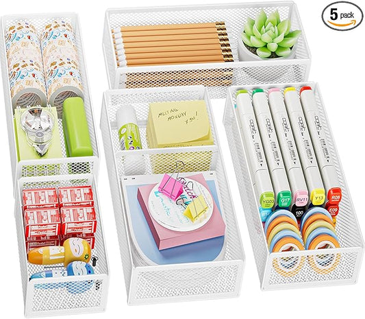 Marbrasse 5 Pack Desk Drawer Organizer Set, Mesh Drawer Storage Trays with 1 Adjustable Divider, Desk Organizers and Accessories, 5 PCS Drawer for Office Supplies, Makeup & Vanity (White)