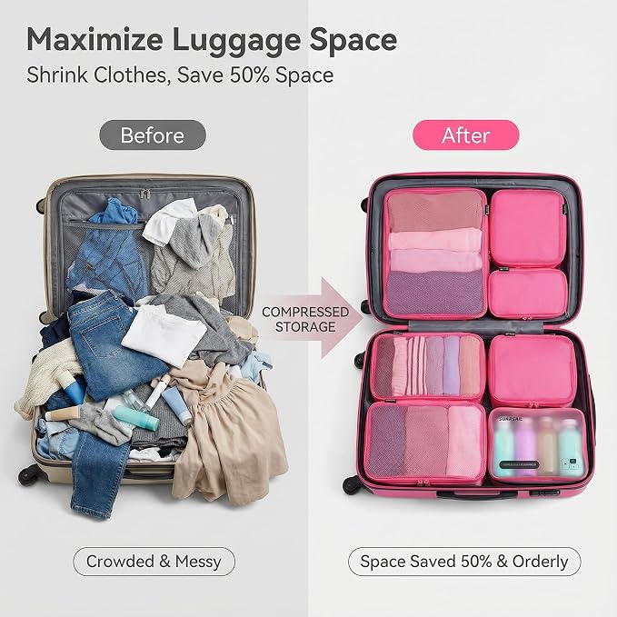 6 Set Compression Packing Cubes for 7–14 Day Travel, Rose Red | Nylon Oxford Fabric, Full Breathable Mesh, Reinforced Double-Zipper, Small to Large Size Bag, Expandable Packing System
