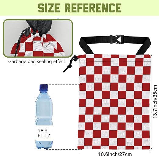 Car Garbage Bag Red White Checkered Drawstring Car Trash Bag Hanging for Back Seat with Adjustable Buckle Canvas Vehicle Trash Can Easy-to-Install for Car Accessories Vehicle Travelling Camping
