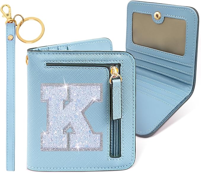 COSHAYSOO Initial RFID Wallet Small for Women Teen Girl Travel Daily Accessories, Tiny Bifold PU Leather Wallet Minimalist with Zipper Pocket Credit Card Slot Birthday Trendy Easter Gift Blue K