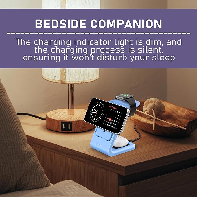 3 in 1 Wireless Charging Station: 5000mAh Removable Power Bank Charger Stand for Phone/Watch/Air Pods - Portable Magnetic Battery Pack for Air 17 16 15 14 13 12 Series Blue