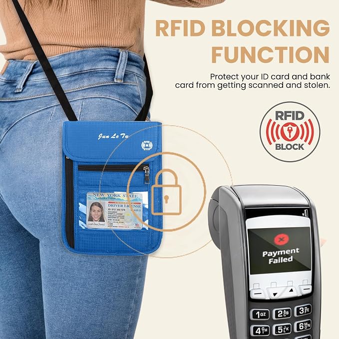 Passport Holder for Travel, RFID Passport Wallet with Visual Window Design, Multifunctional Document Organizer, Waterproof Travel Pouch Neck Wallet for Men and Women, Blue