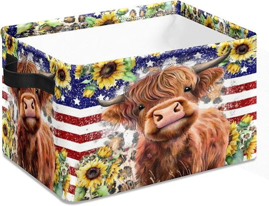 Patriotic American Cow Highland Storage Bins Oxford Fabric Storage Basket for Shelves for Organizing Closet Shelf Nursery Toy with Handles 10 x 14 x 8 inches