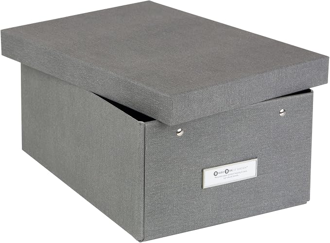 Bigso Karin KD Collapsible Storage Box with Labelframe for Easy Identification - Simple Assembly without Tools - Decorative Storage Boxes with Lids - 8.9in x 12.4in x 5.4in - Light Gray
