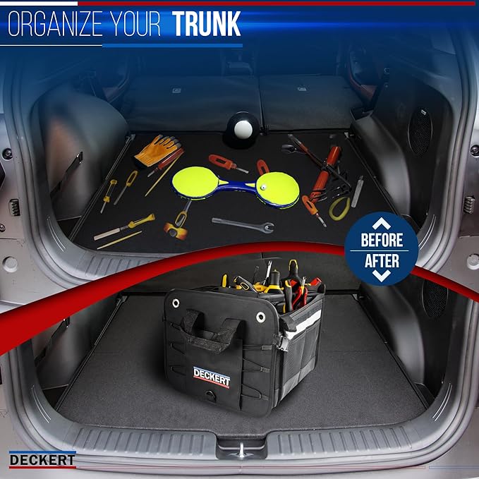 Deckert Car SUV Trunk Organizer, 600D Oxford Polyester, Collapsible, Multi compartments, Securing straps, Suitable for any car type, Black with Reflective Stripes