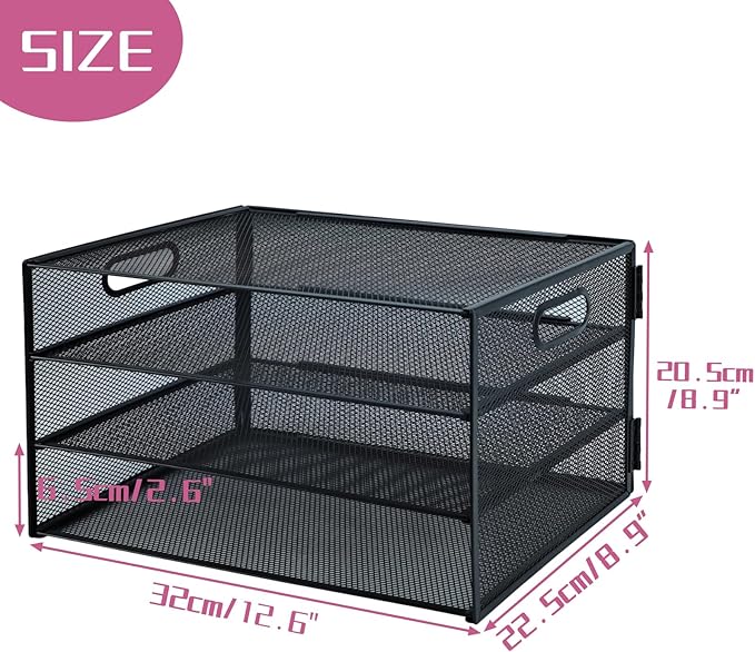 3 Tier Lettrer Tray Organizer, Metal Mesh Desk File Organizer with Sliding Trays, Paper Sorter Desk Organizer for Home Office School, Black