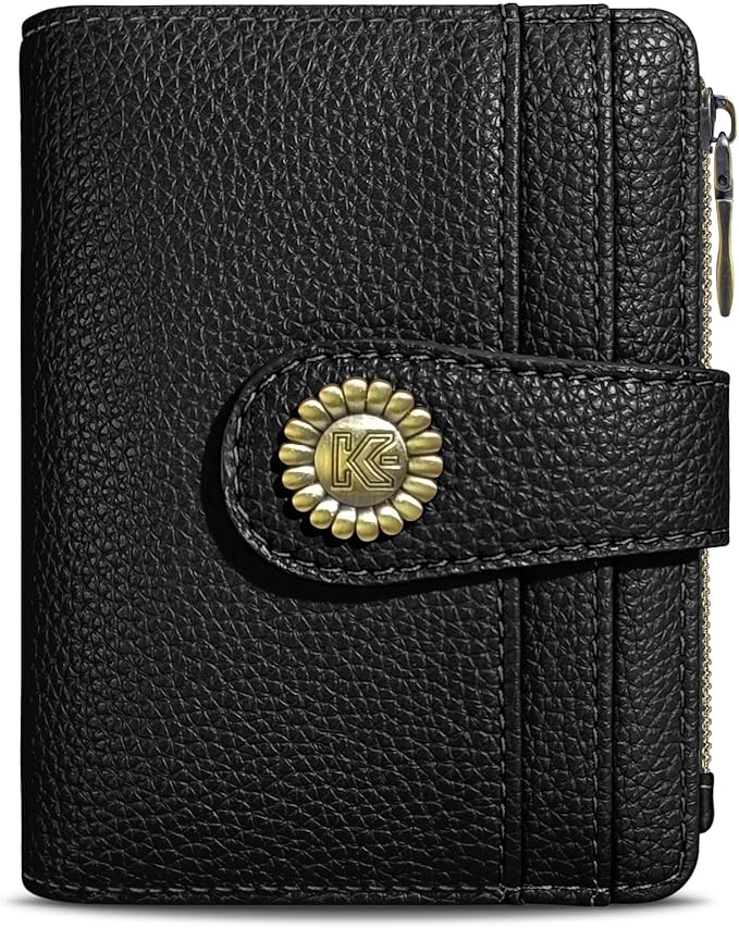Kelvoris Small Rfid Women Wallet Bifold Zipper Coin Pocket PU Leather Compact Cash Credit Card Holder Travel Wallet for Female Ladies Teen Girls 1 ID Window 10 Card Slots Black