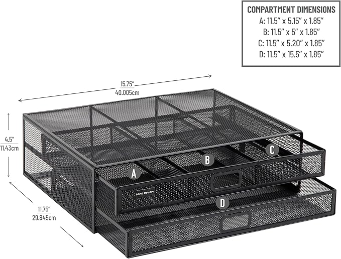 Mind Reader Monitor Stand, Ventilated Laptop Riser, Storage Drawer, Office, Metal Mesh, Black