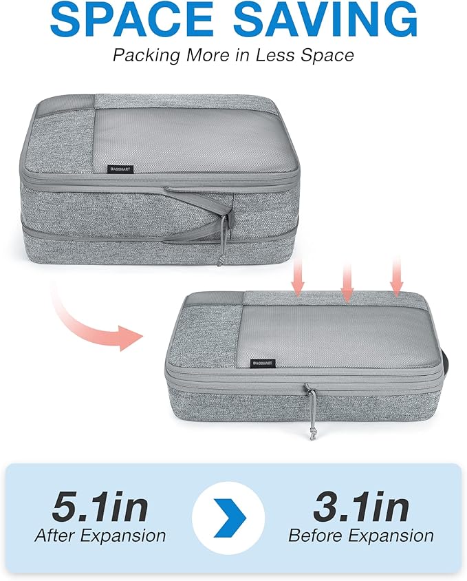 BAGSMART Compression Packing Cubes for Travel, Durable Travel Cubes for Carry-On Suitcase, 6 Set Cuise Ship Travel Essentials (1L+3M+1S+Shoe Bag), Grey