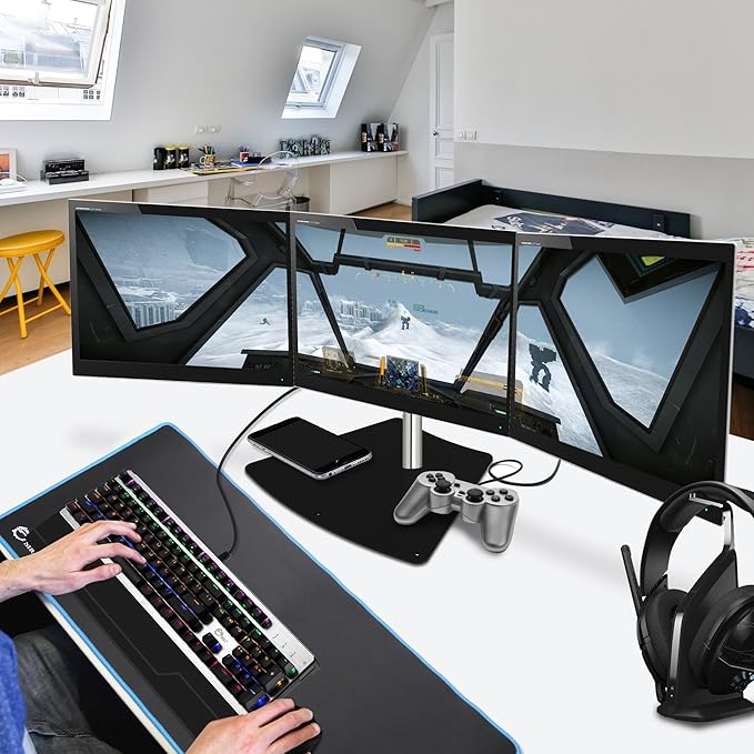 SIIG Premium Aluminum Triple Monitor Stand - Adjustable Height 3 Monitors 13" to 27" 17.6 lbs Each VESA 75 and 100 Compatible Full Motion (CE-MT2111-S1)